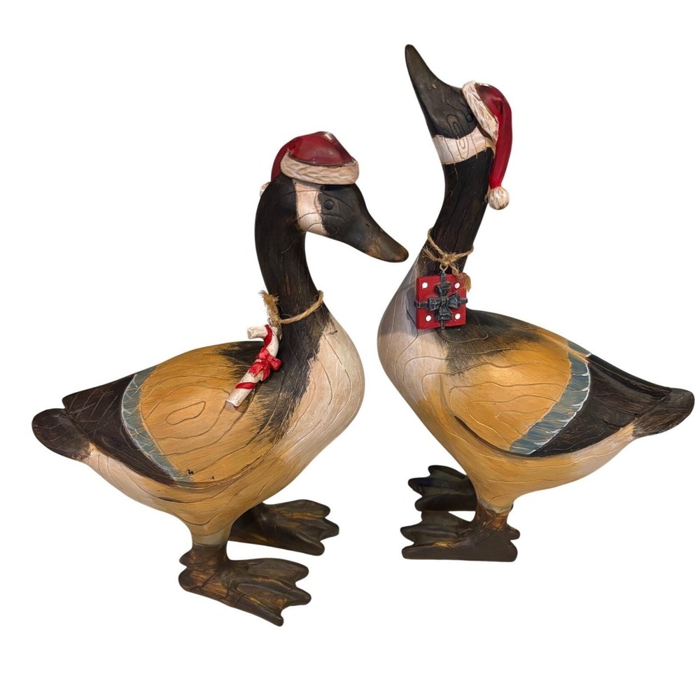 Pair wooden hand painted Christmas goose figurines brown rustic holiday decor